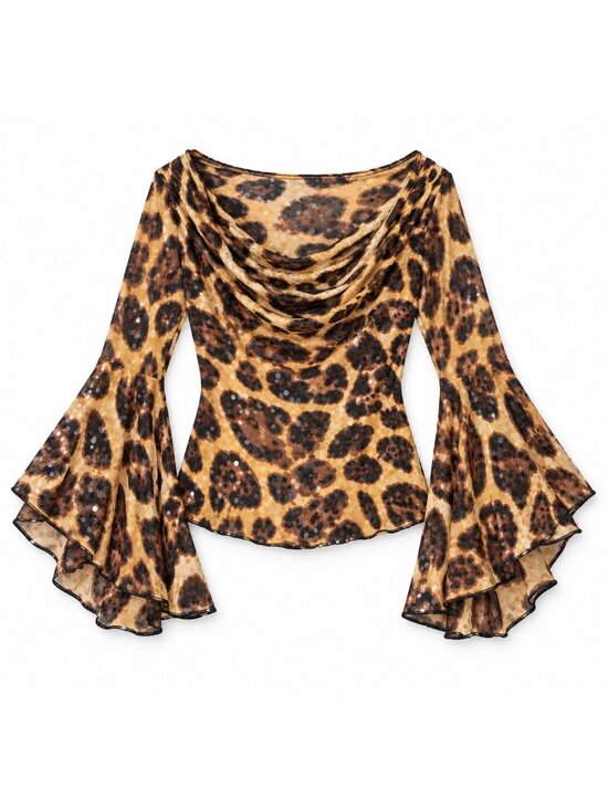 Mesmerize Tops - Y2K Mesmerize Leopard Print Bell Sleeve Top With Sequins